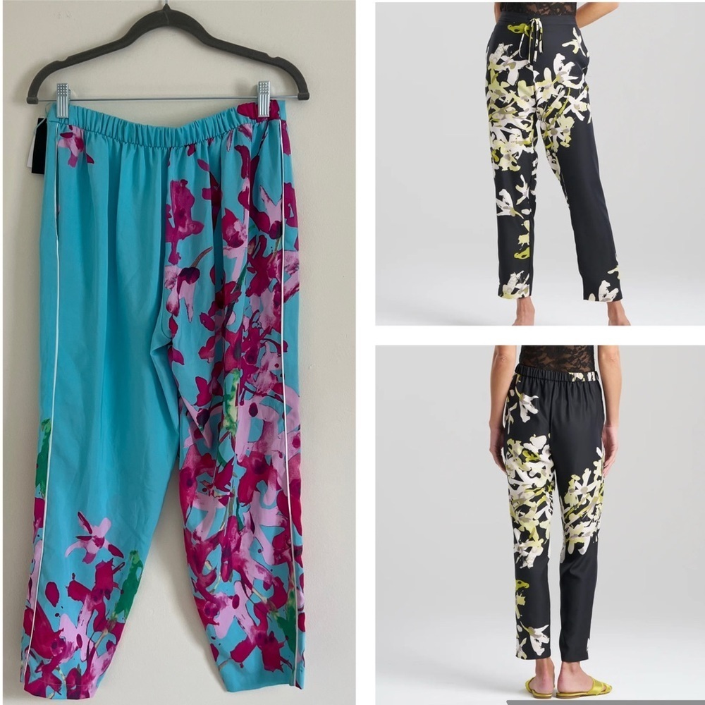 NWT Natori Women Pants Small Blue Pink Floral Preppy Tapered Silhouette Light wt